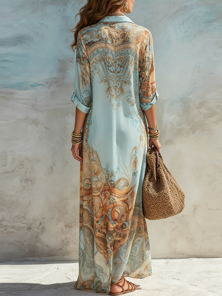 Ruby | Baroque Style Floral Blue Chiffon Maxi Dress