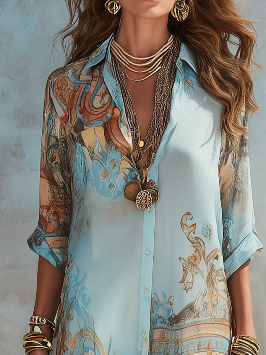 Ruby | Baroque Style Floral Blue Chiffon Maxi Dress