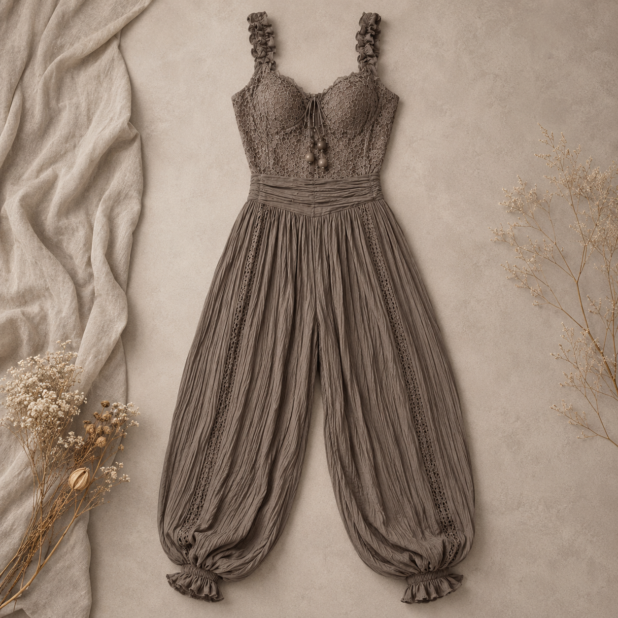 Nieves | Gray lace bandeau set and pleated cotton harem pants