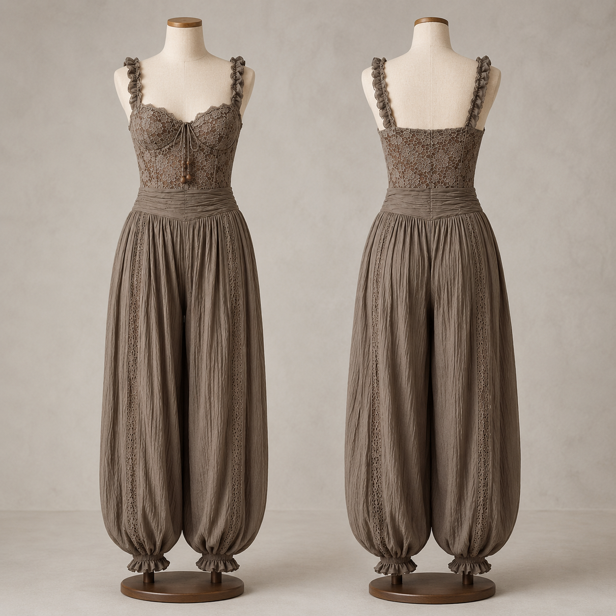 Nieves | Gray lace bandeau set and pleated cotton harem pants
