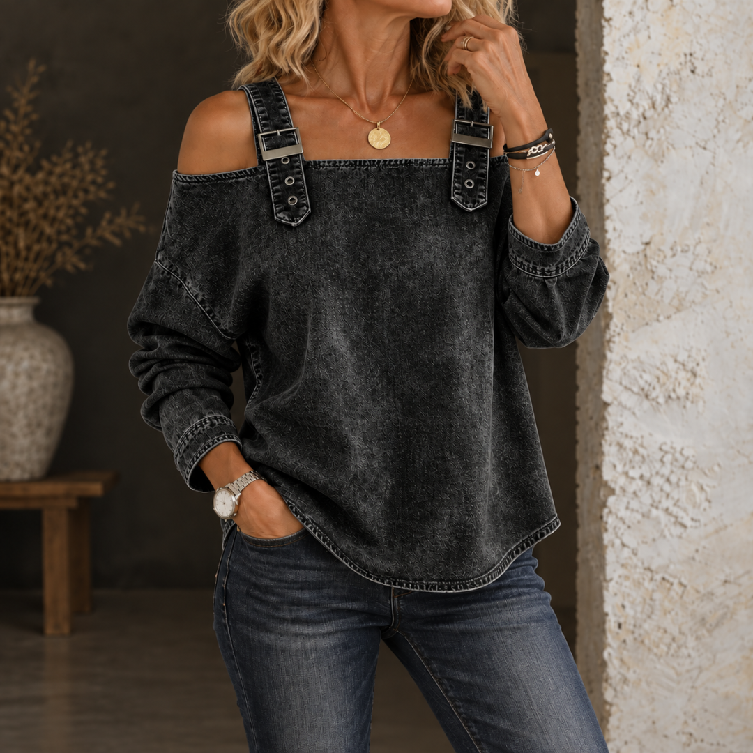 Velmira - Casual Buckle Strap Denim Top