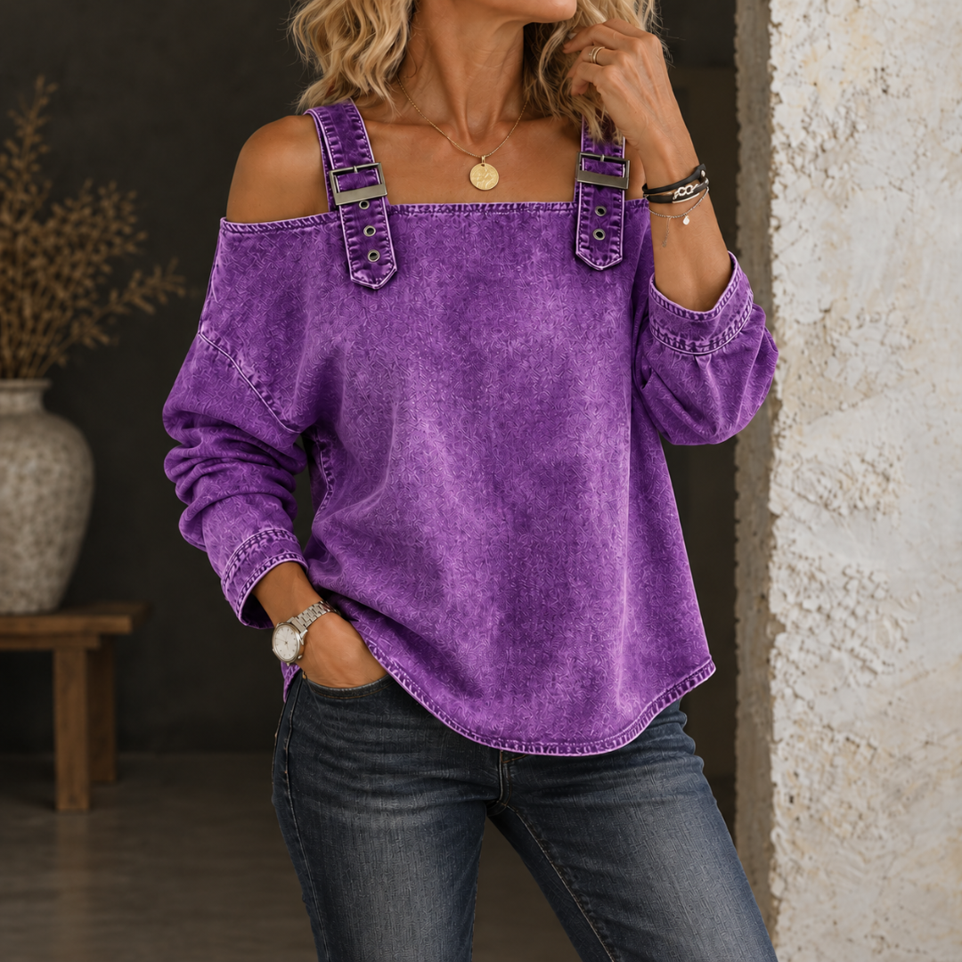 Velmira - Casual Buckle Strap Denim Top