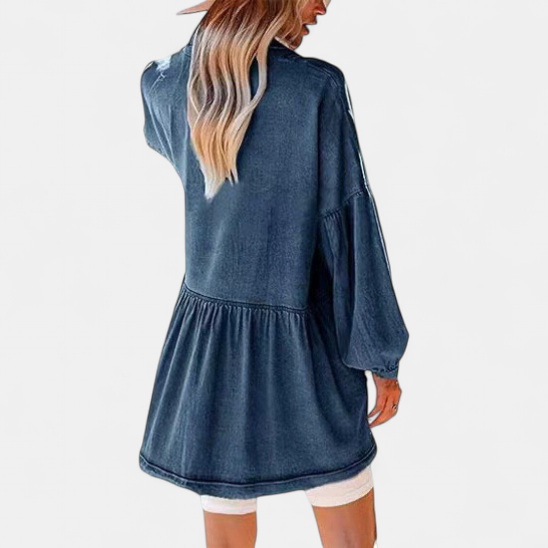 DELIA™ – Relaxed Fringe-Hem Denim Shirt