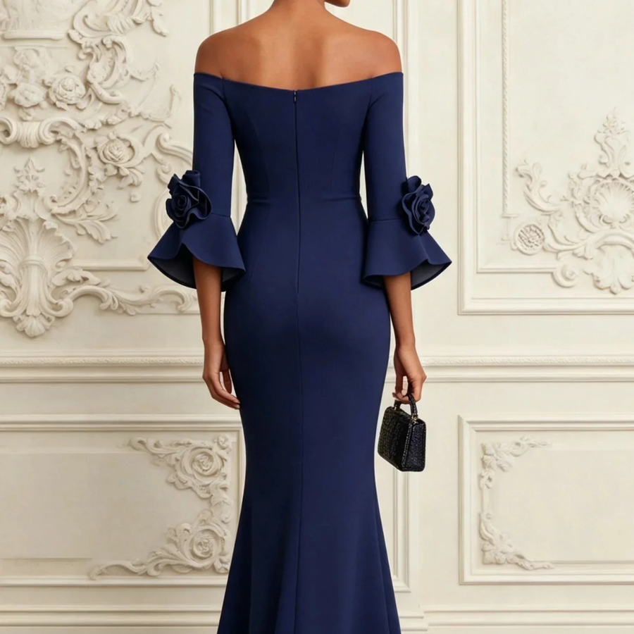 Elena | Navy 3D Floral Mermaid Maxi Dress