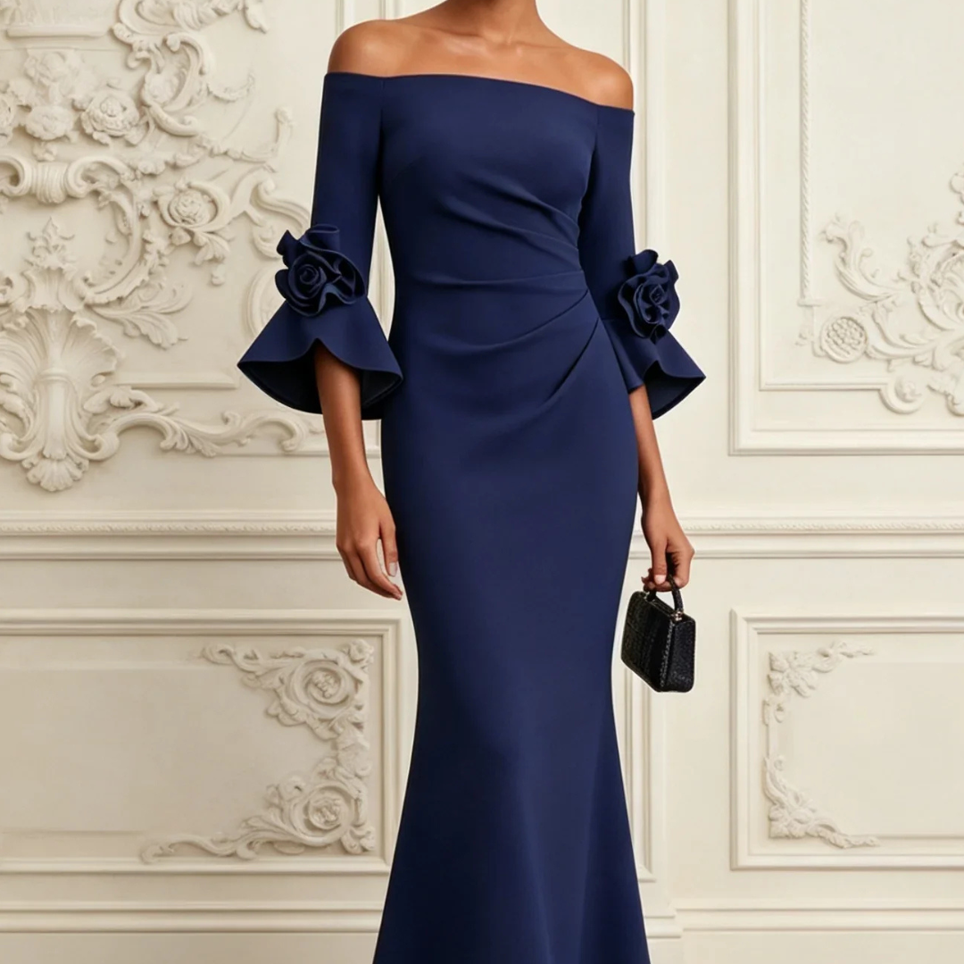 Elena | Navy 3D Floral Mermaid Maxi Dress