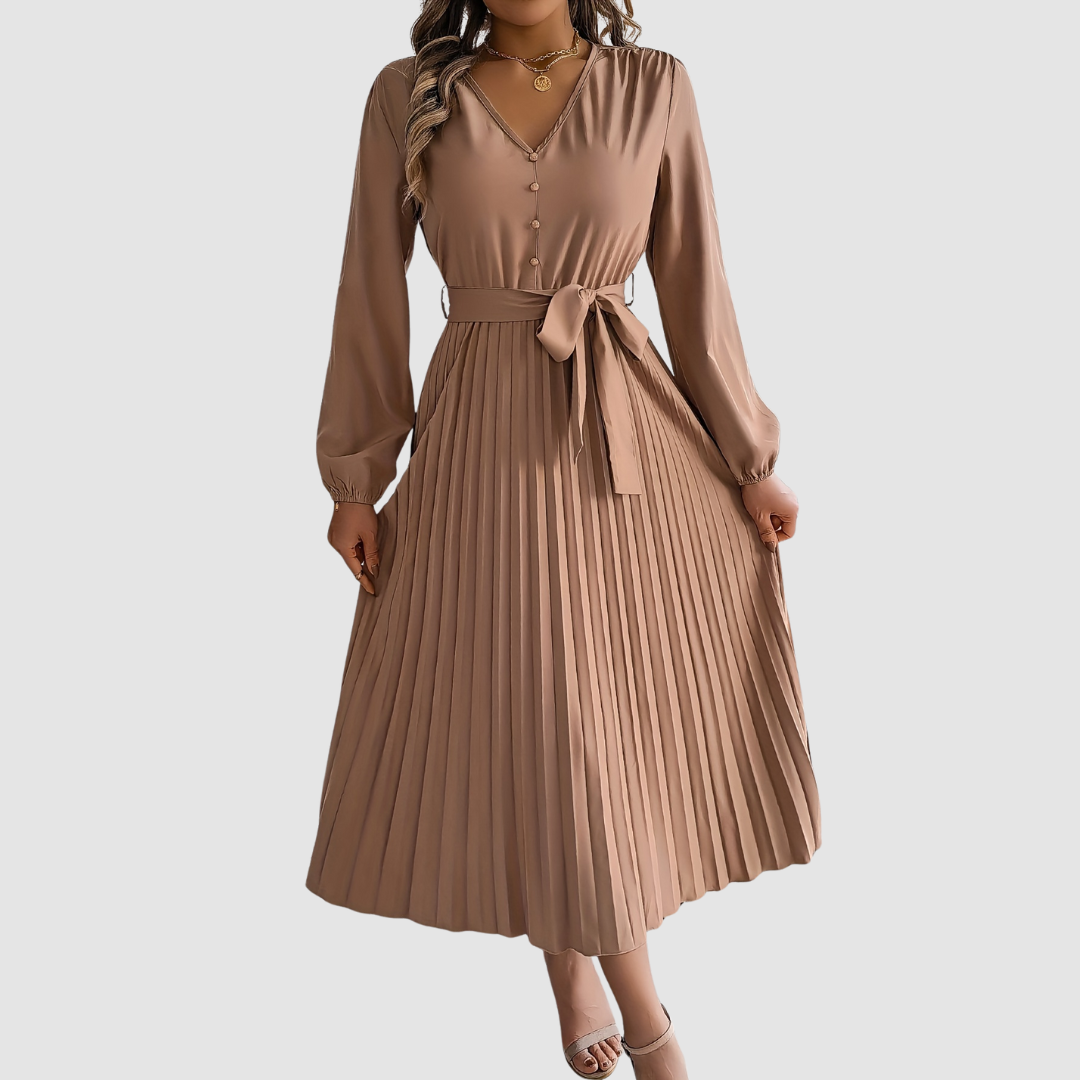 Celeste Bloom - Pleated Long-Sleeve Midi Dress