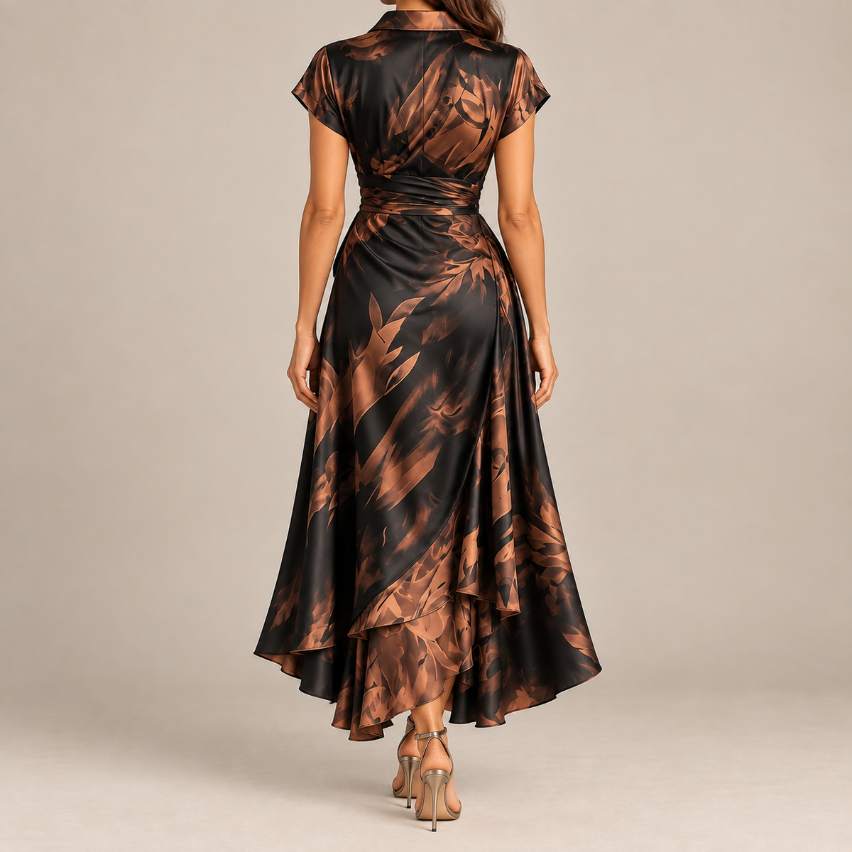 Francesca | Brown Abstract Print Midi Wrap Dress