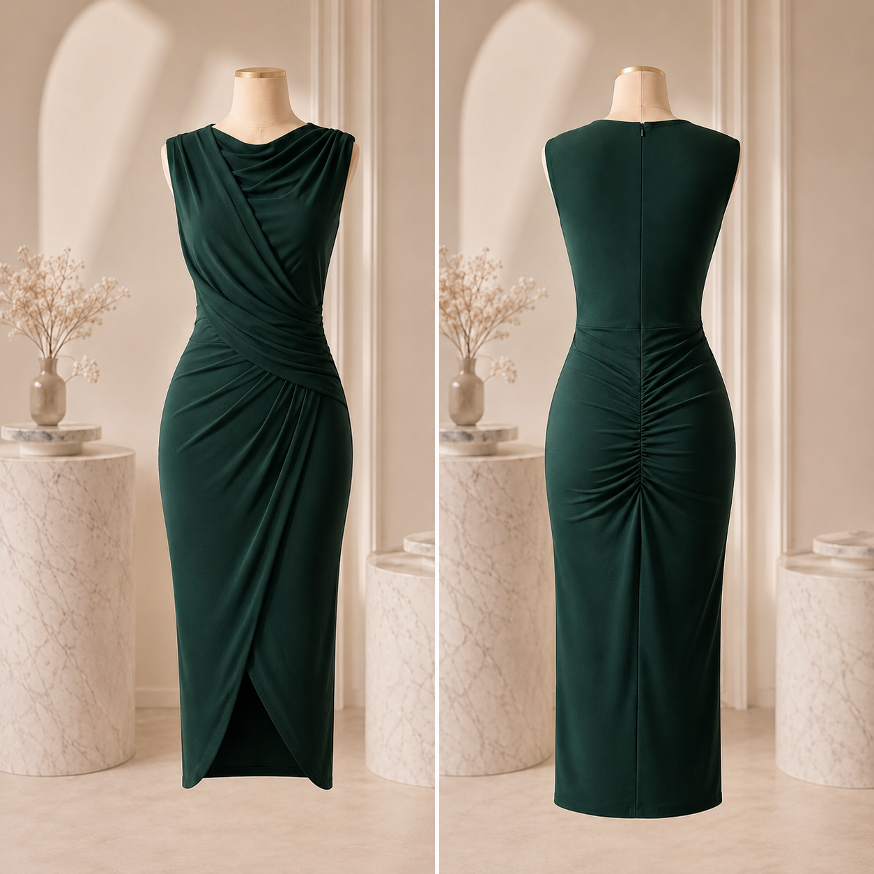 Sarah - Forest Green Draped Sash Wrap Midi Dress