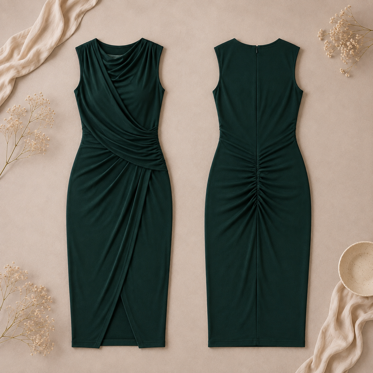 Sarah - Forest Green Draped Sash Wrap Midi Dress