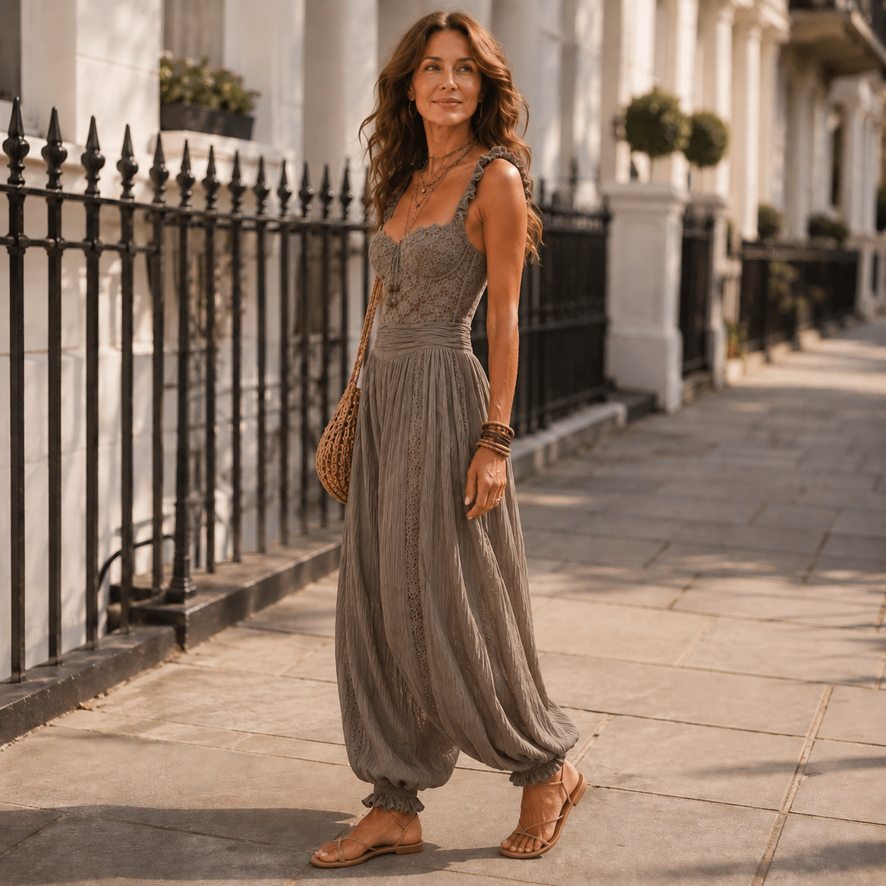 Nieves | Gray lace bandeau set and pleated cotton harem pants