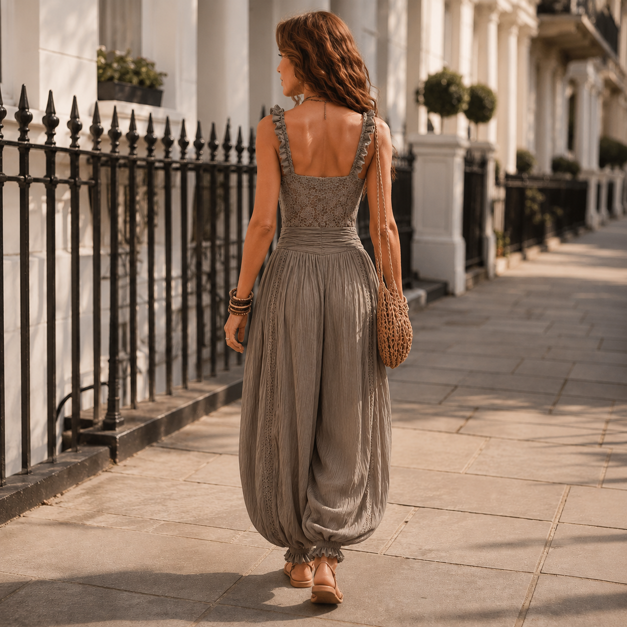 Nieves | Gray lace bandeau set and pleated cotton harem pants