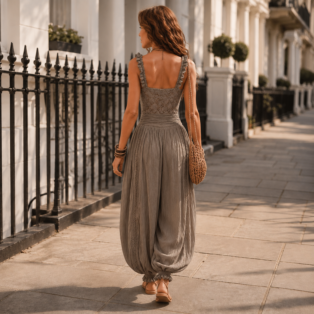 Nieves | Gray lace bandeau set and pleated cotton harem pants
