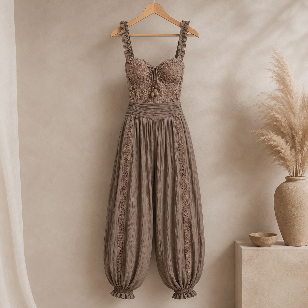 Nieves | Gray lace bandeau set and pleated cotton harem pants