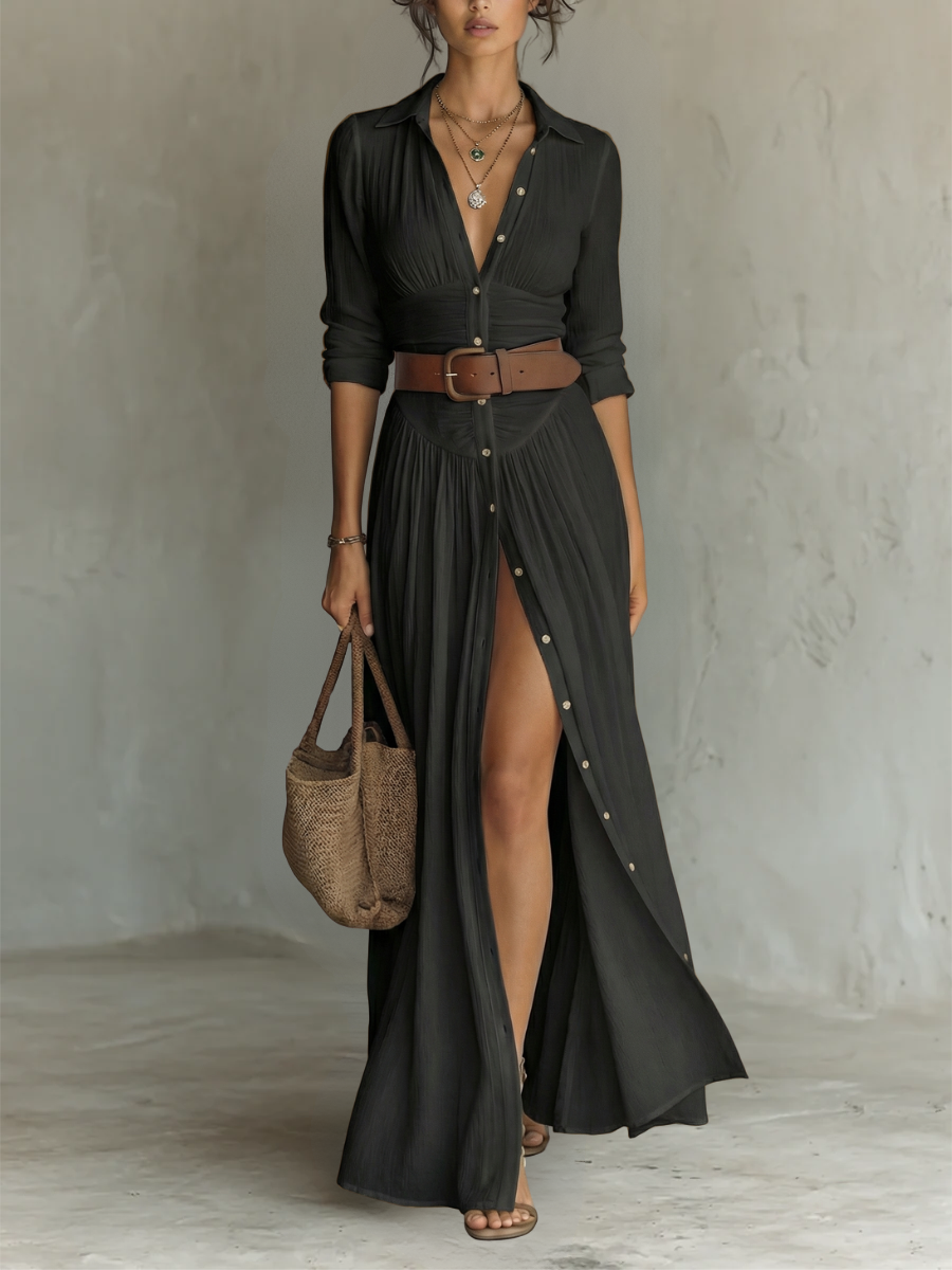 Pamela | Pleated Maxi Shirt Dress