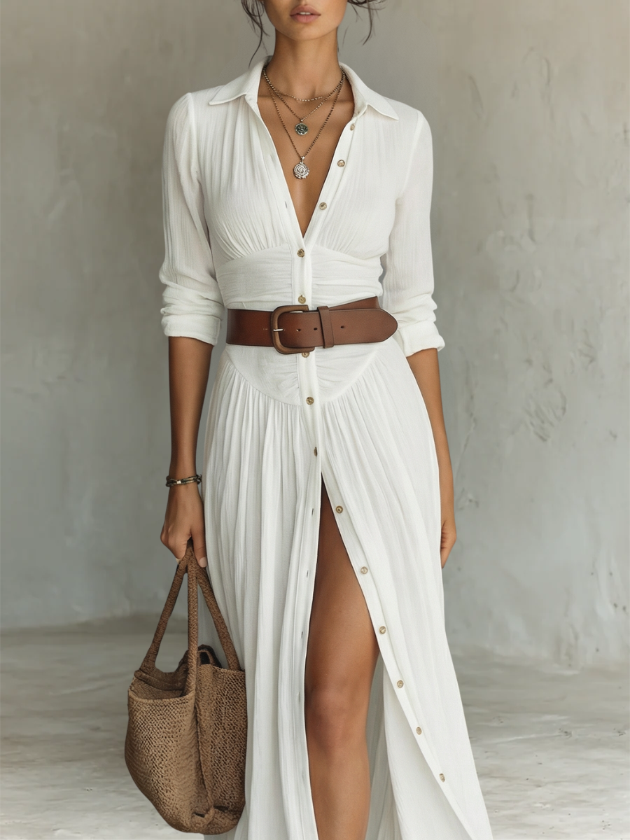 Pamela | Pleated Maxi Shirt Dress