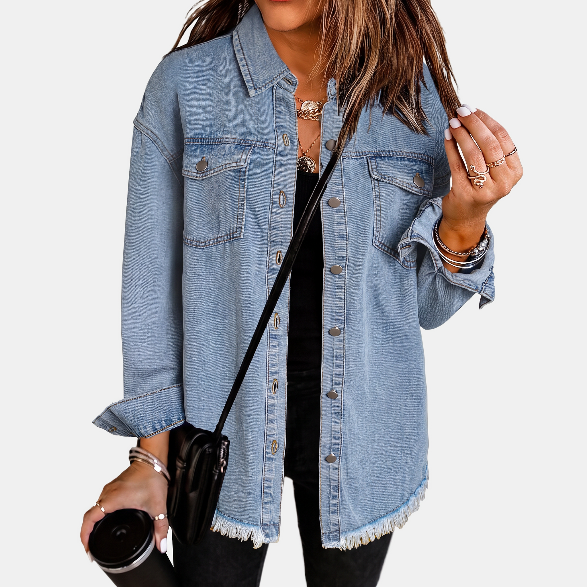 Women's Raw Hem Snap Button Washed Denim Jacket