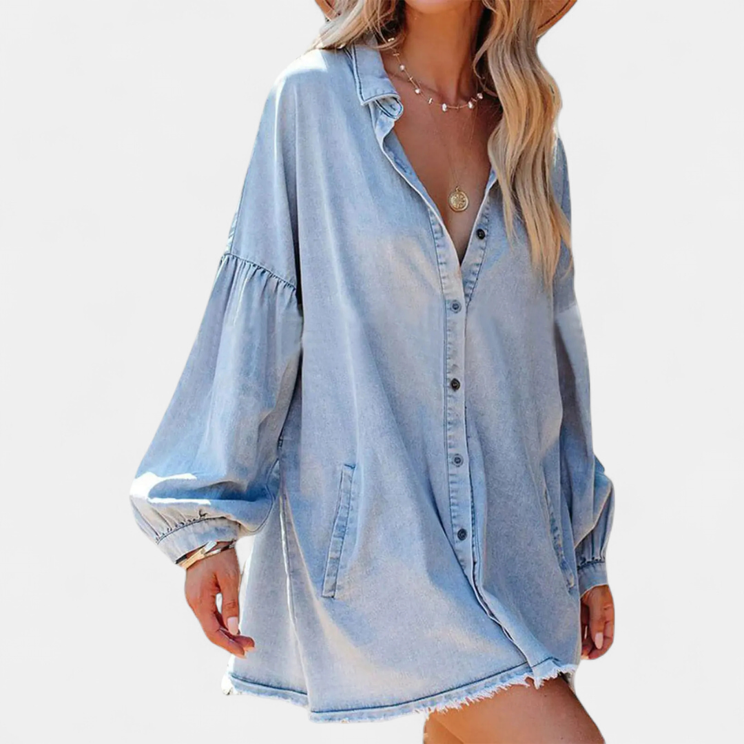 DELIA™ – Relaxed Fringe-Hem Denim Shirt