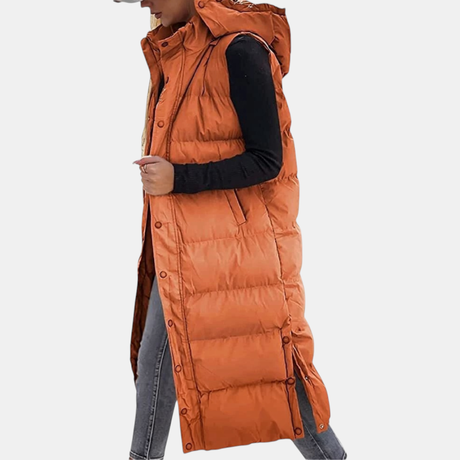 Women's Puffer Vest Quilted Hooded Maxi Length Button Down