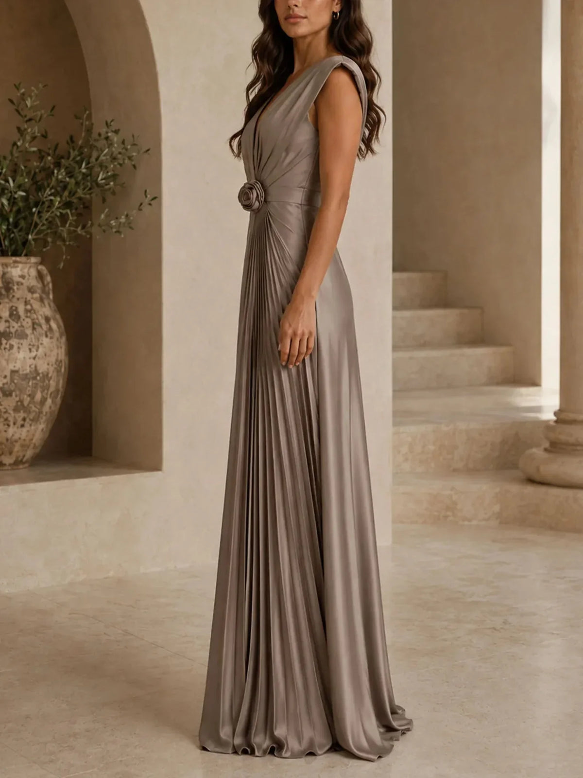 Viviana| Pleated Satin Rosette-Waist Maxi Dress