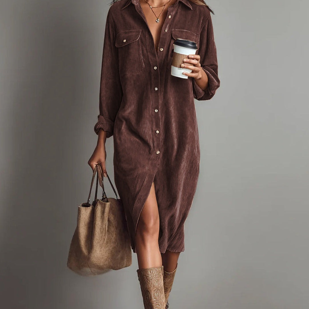 Béatrice | Corduroy Midi Dress with Pockets and Single-Button Fastening