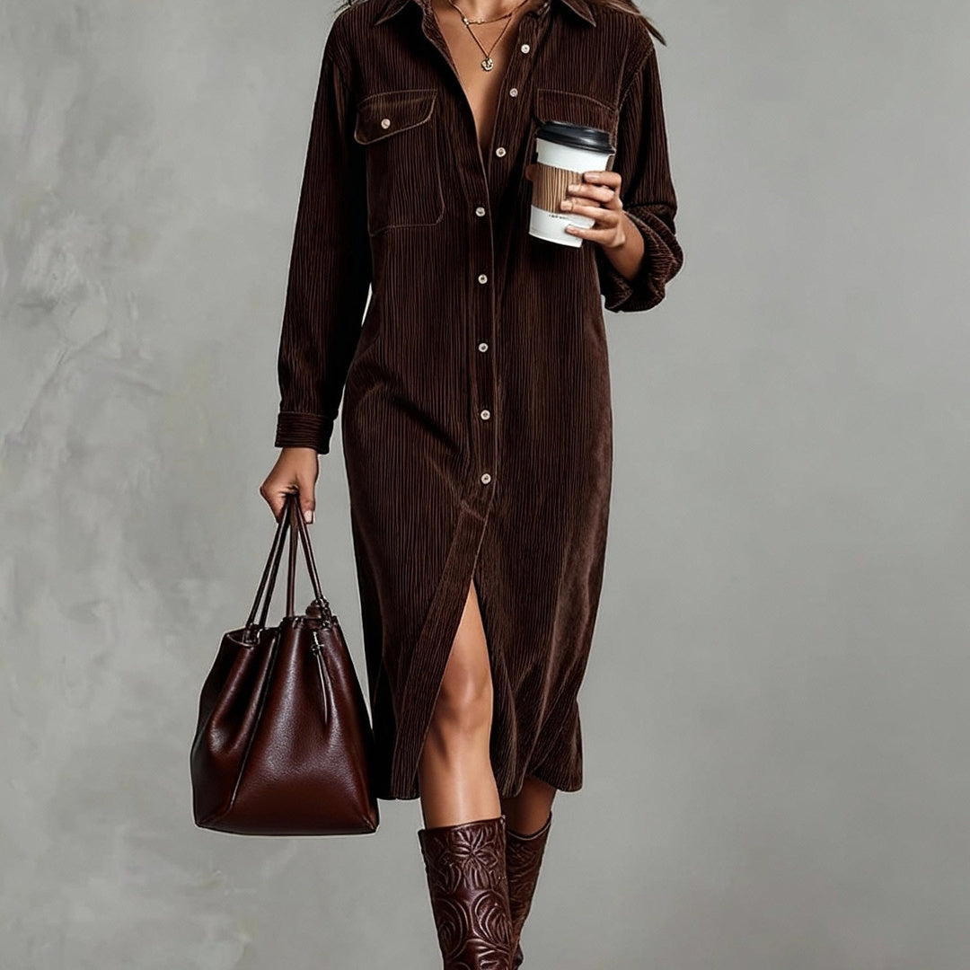 Béatrice | Corduroy Midi Dress with Pockets and Single-Button Fastening