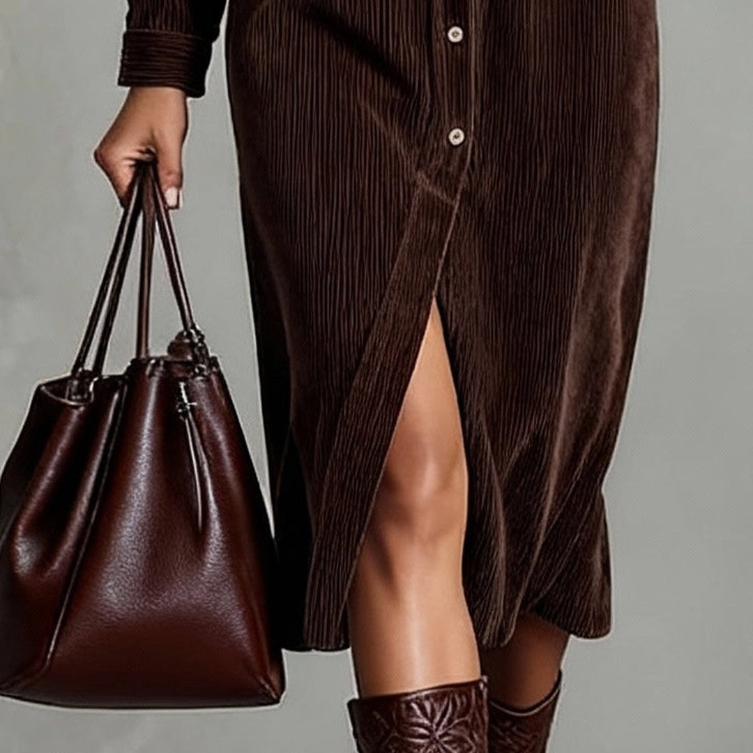 Béatrice | Corduroy Midi Dress with Pockets and Single-Button Fastening