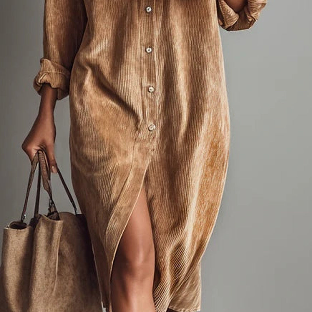 Béatrice | Corduroy Midi Dress with Pockets and Single-Button Fastening