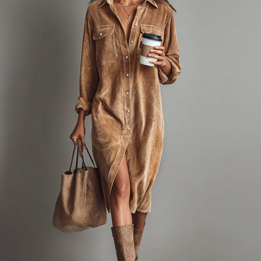 Béatrice | Corduroy Midi Dress with Pockets and Single-Button Fastening