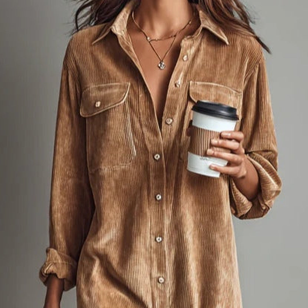 Béatrice | Corduroy Midi Dress with Pockets and Single-Button Fastening