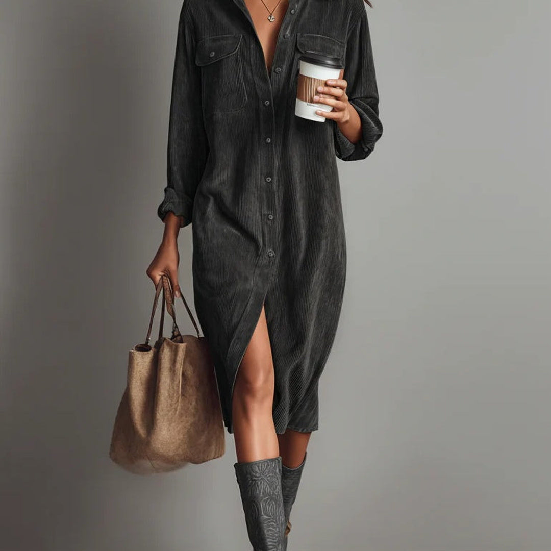 Béatrice | Corduroy Midi Dress with Pockets and Single-Button Fastening