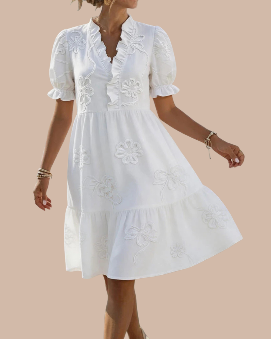 Blossom | Embroidered Ruffle V-Neck Puff Sleeve Dress