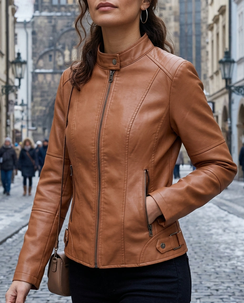 Adeline™ | Cropped Leather Moto Jacket