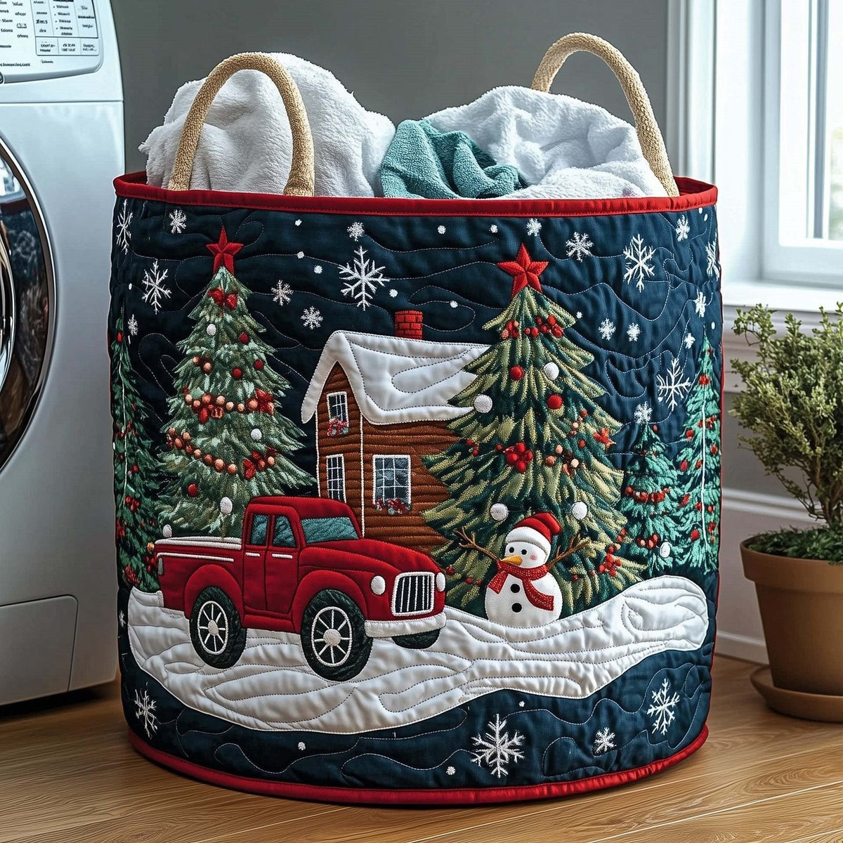 Christmas Cabin Pickup | Quilted Laundry Basket